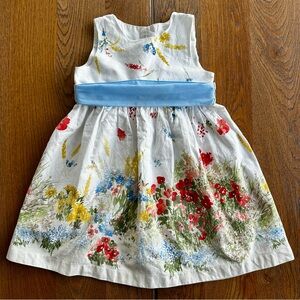 Lola Palacios Floral Spring Print Kids Dress with Blue Ribbon Accent Cotton